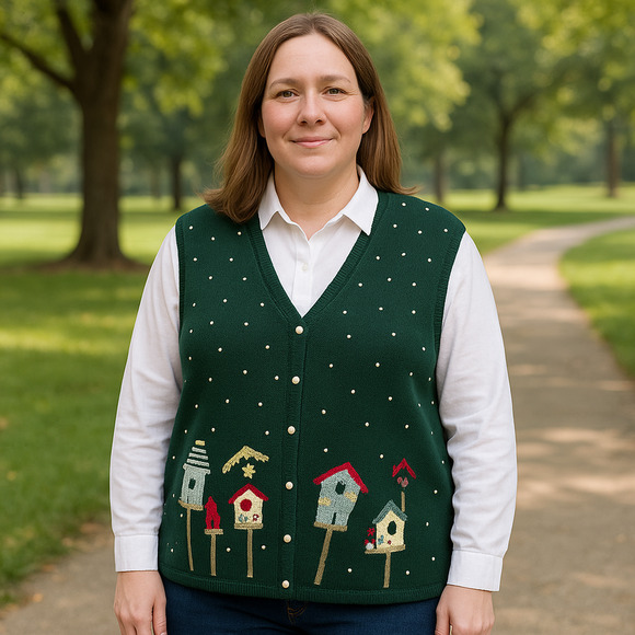 Christopher & Banks Sweaters - Vtg 90s CJ Banks Sweater Vest Women 1X Knit Bird Houses Green Beads Spring Fall